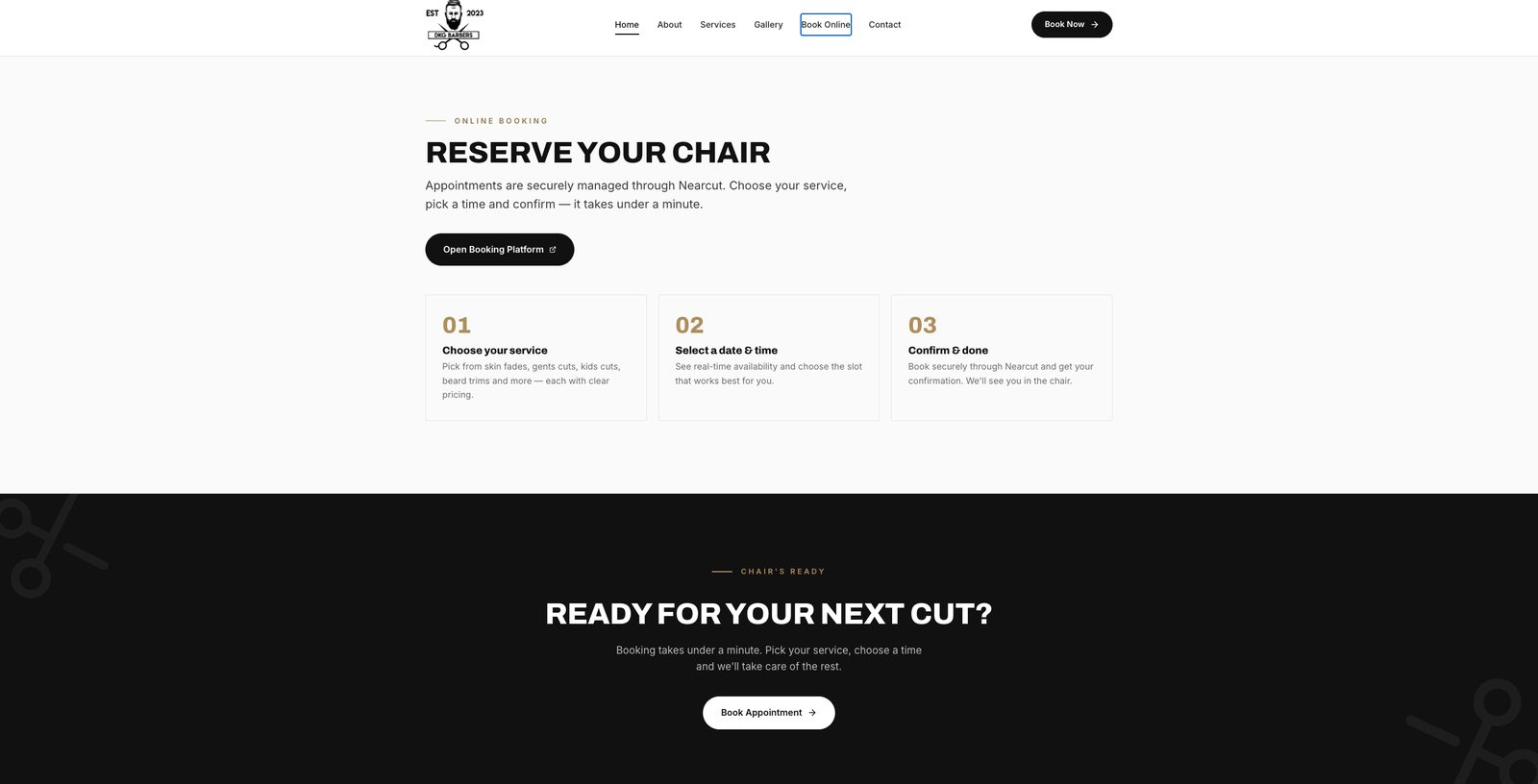 DKG Barbers online booking page with a three-step reserve-your-chair process