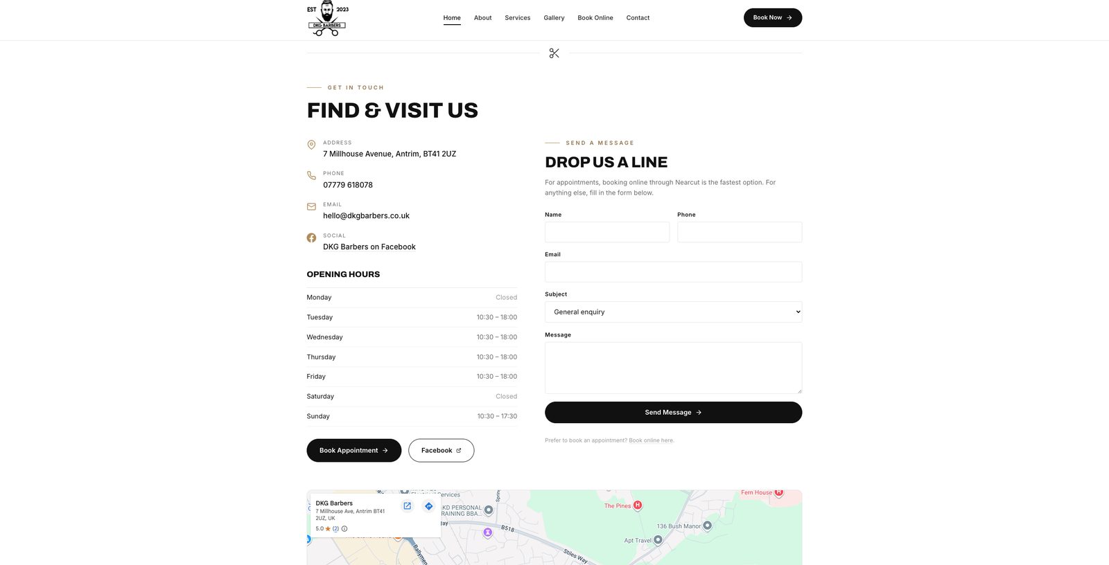 DKG Barbers contact page with address, opening hours, contact form and an embedded Google map