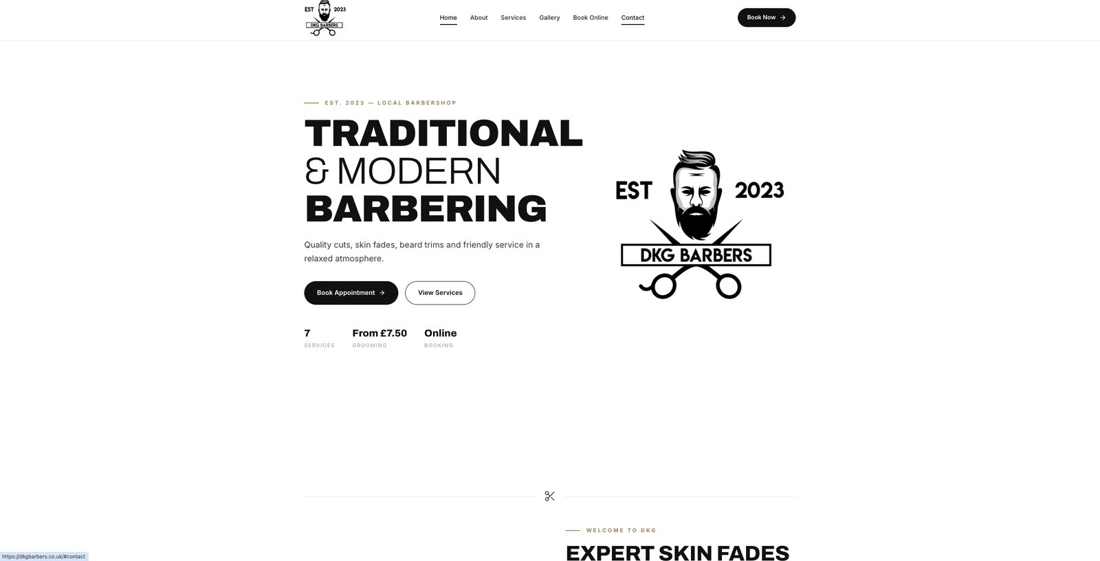 DKG Barbers homepage with the Traditional and Modern Barbering headline and booking buttons