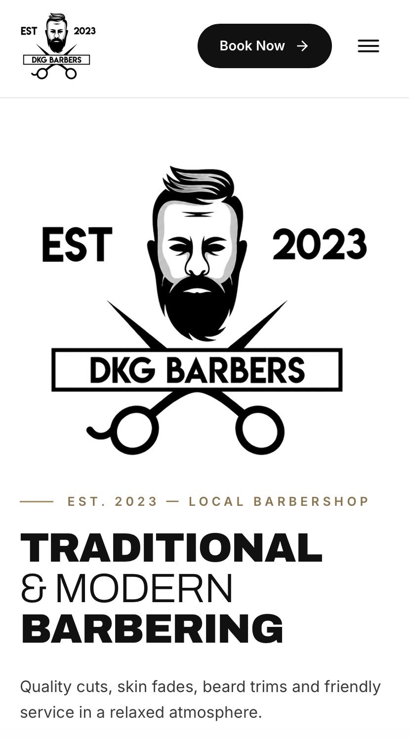 DKG Barbers website on mobile showing the logo and headline
