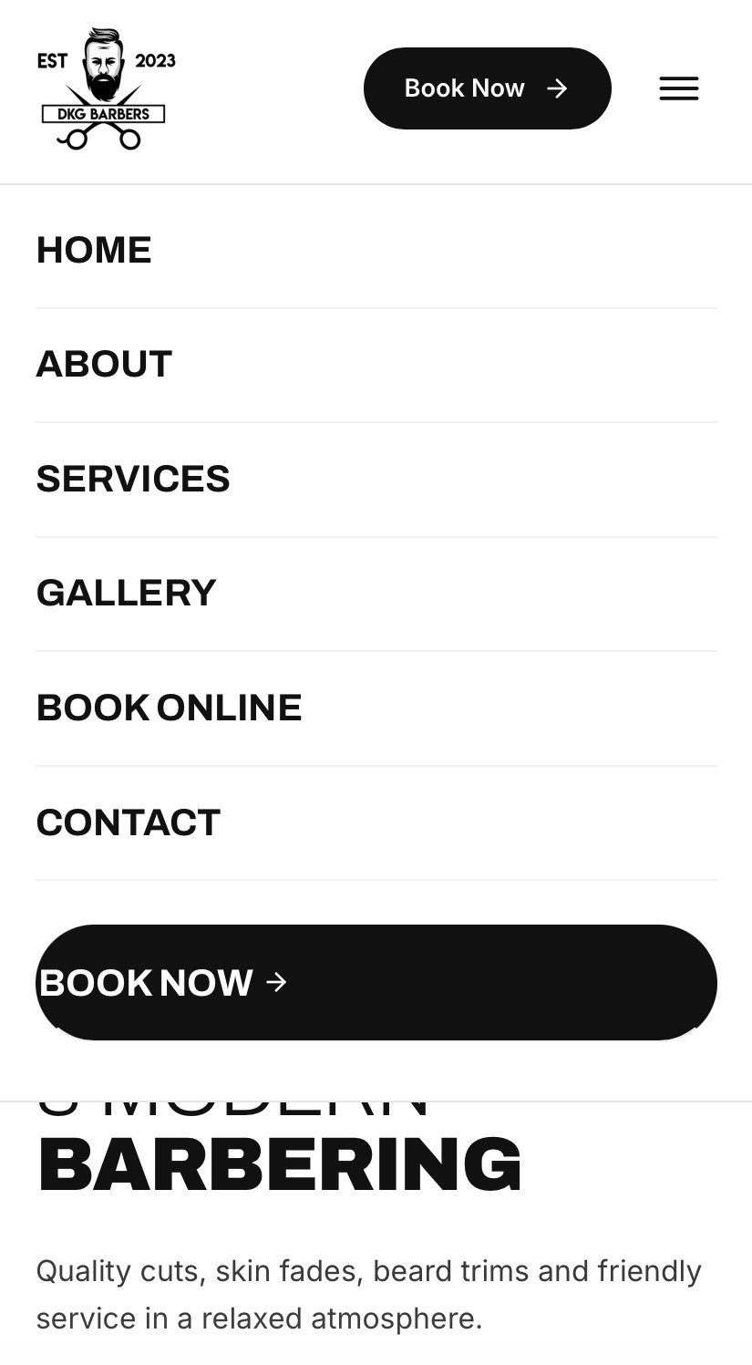 DKG Barbers mobile navigation menu open